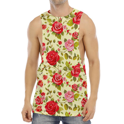 Red Pink Rose Floral Pattern Print Men's Muscle Tank Top