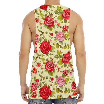 Red Pink Rose Floral Pattern Print Men's Muscle Tank Top