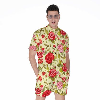 Red Pink Rose Floral Pattern Print Men's Rompers