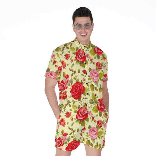 Red Pink Rose Floral Pattern Print Men's Rompers