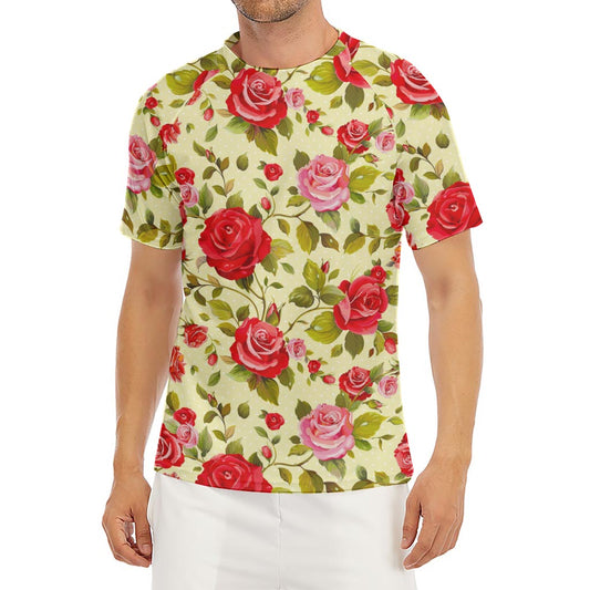 Red Pink Rose Floral Pattern Print Men's Short Sleeve Rash Guard