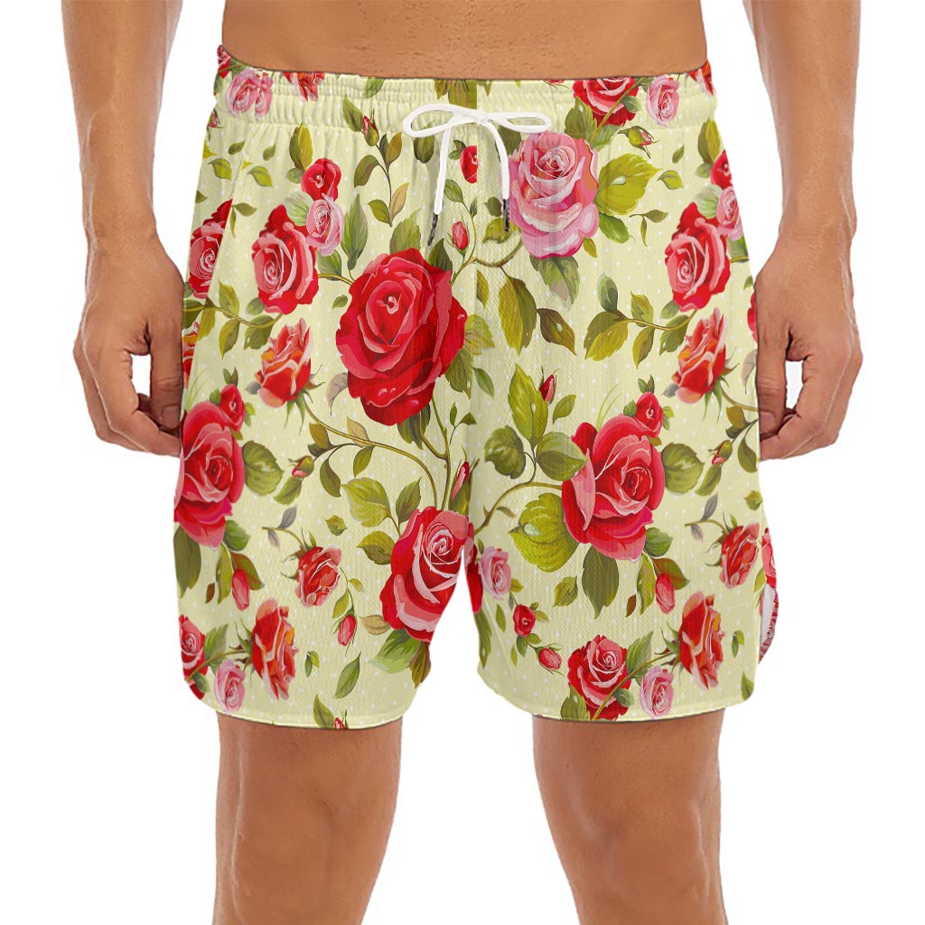 Red Pink Rose Floral Pattern Print Men's Split Running Shorts