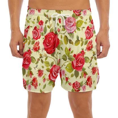 Red Pink Rose Floral Pattern Print Men's Split Running Shorts