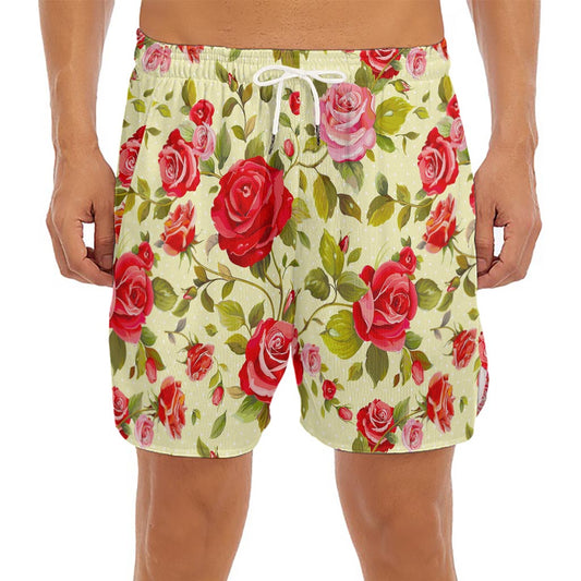 Red Pink Rose Floral Pattern Print Men's Split Running Shorts