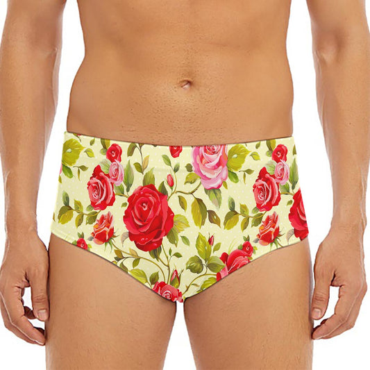 Red Pink Rose Floral Pattern Print Men's Triangle Swim Briefs