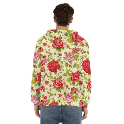 Red Pink Rose Floral Pattern Print Men's Velvet Pullover Hoodie