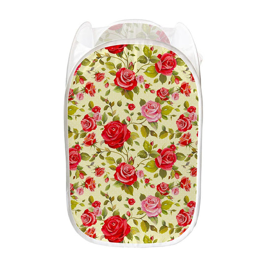 Red Pink Rose Floral Pattern Print Mesh Laundry Hamper