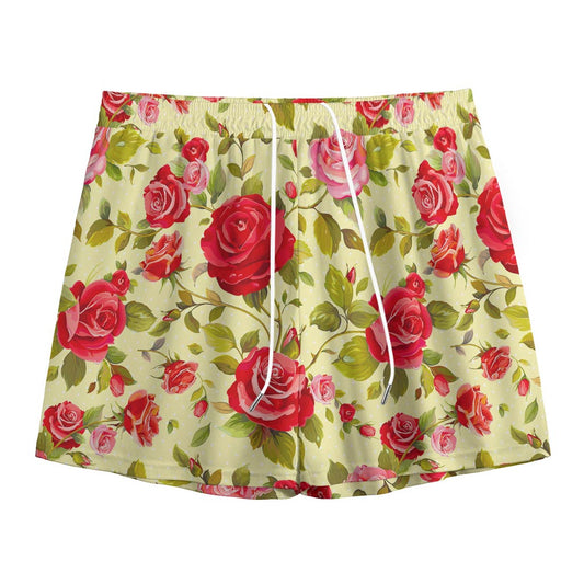 Red Pink Rose Floral Pattern Print Mesh Shorts