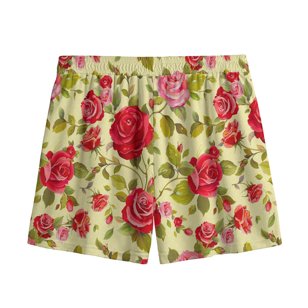 Red Pink Rose Floral Pattern Print Mesh Shorts