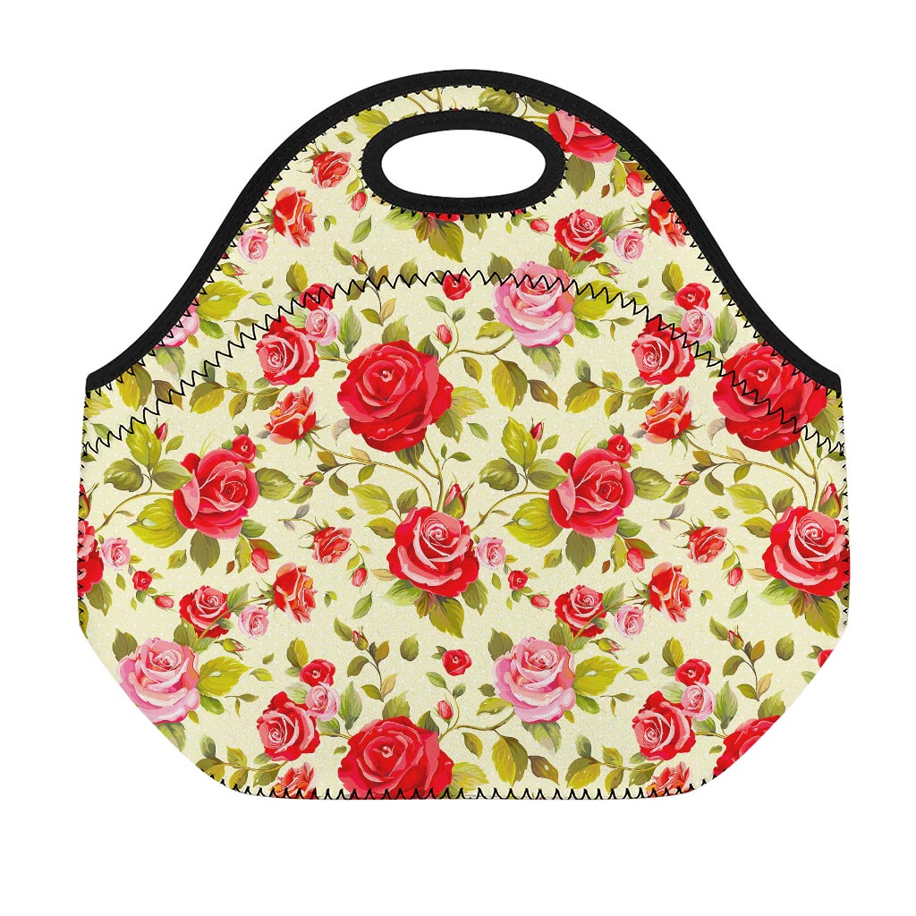 Red Pink Rose Floral Pattern Print Neoprene Lunch Bag