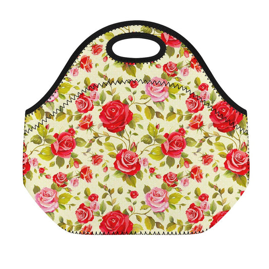 Red Pink Rose Floral Pattern Print Neoprene Lunch Bag