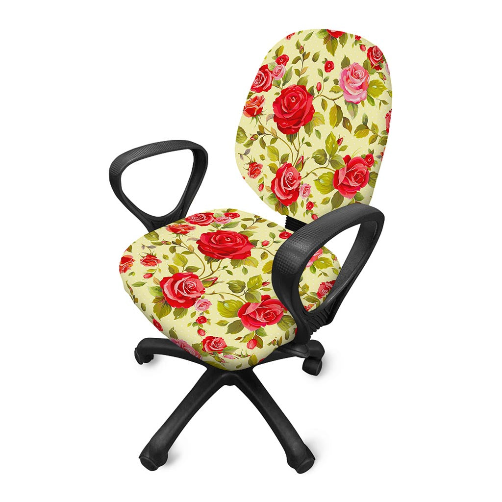 Red Pink Rose Floral Pattern Print Office Chair Cover