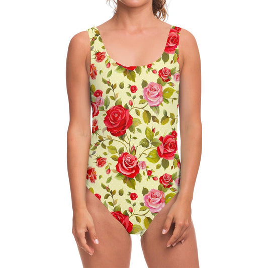 Red Pink Rose Floral Pattern Print One Piece Swimsuit