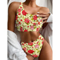 Red Pink Rose Floral Pattern Print One Shoulder Bikini Set
