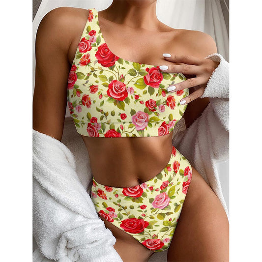 Red Pink Rose Floral Pattern Print One Shoulder Bikini Top