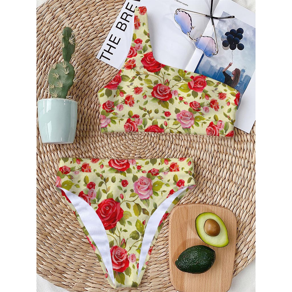 Red Pink Rose Floral Pattern Print One Shoulder Bikini Top