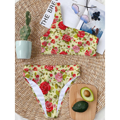 Red Pink Rose Floral Pattern Print One Shoulder Bikini Top