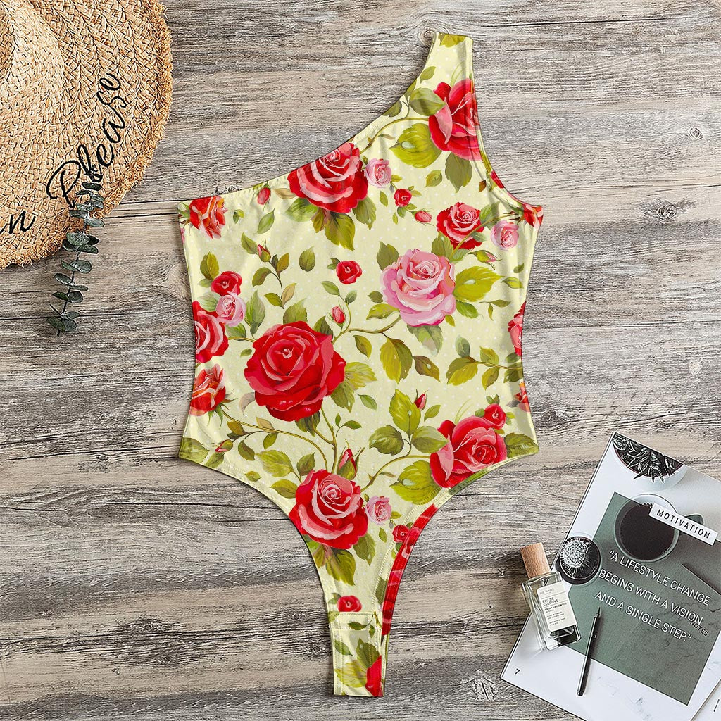 Red Pink Rose Floral Pattern Print One Shoulder Bodysuit