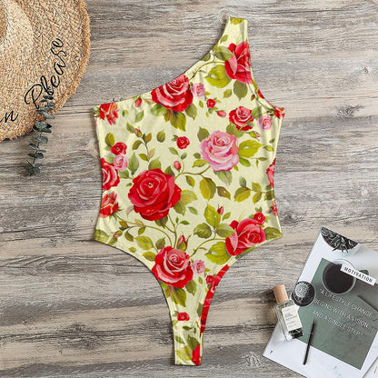 Red Pink Rose Floral Pattern Print One Shoulder Bodysuit