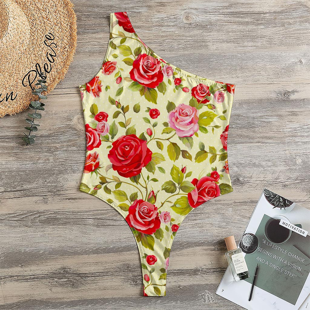 Red Pink Rose Floral Pattern Print One Shoulder Bodysuit