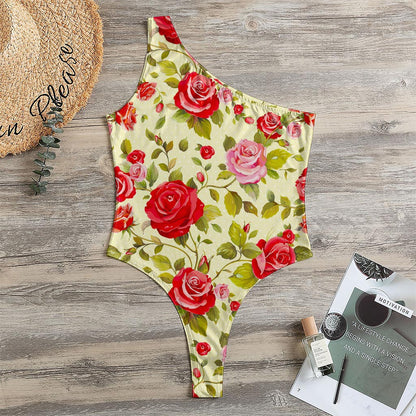 Red Pink Rose Floral Pattern Print One Shoulder Bodysuit