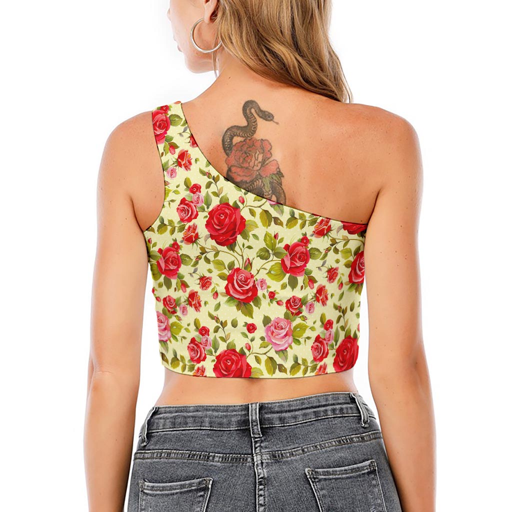 Red Pink Rose Floral Pattern Print One Shoulder Crop Top