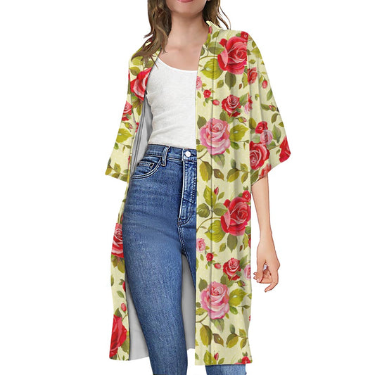 Red Pink Rose Floral Pattern Print Open Front Beach Cover Up