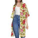 Red Pink Rose Floral Pattern Print Open Front Beach Cover Up