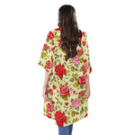 Red Pink Rose Floral Pattern Print Open Front Beach Cover Up