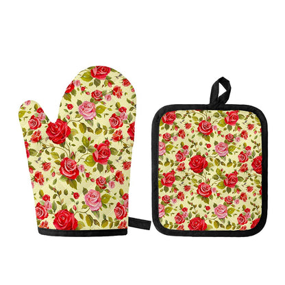 Red Pink Rose Floral Pattern Print Oven Mitt And Pot Holder Set