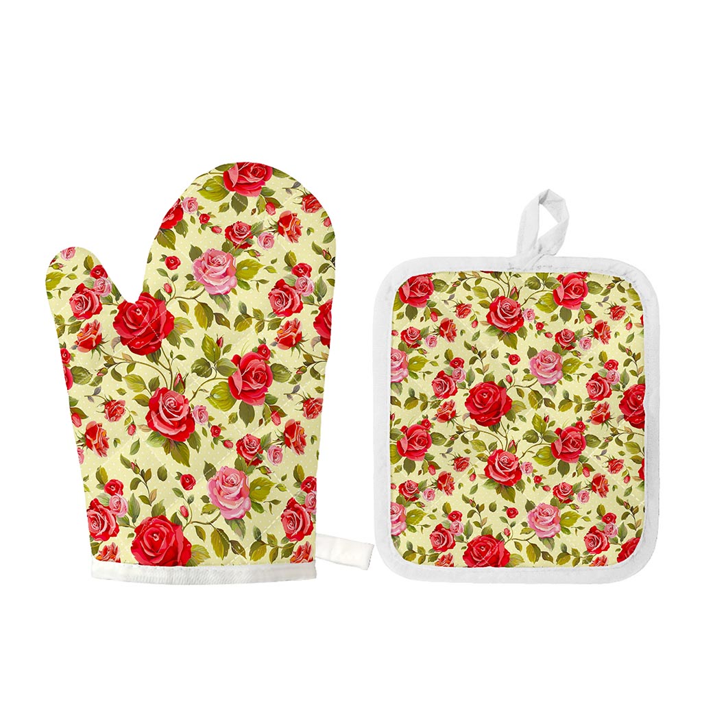 Red Pink Rose Floral Pattern Print Oven Mitt And Pot Holder Set