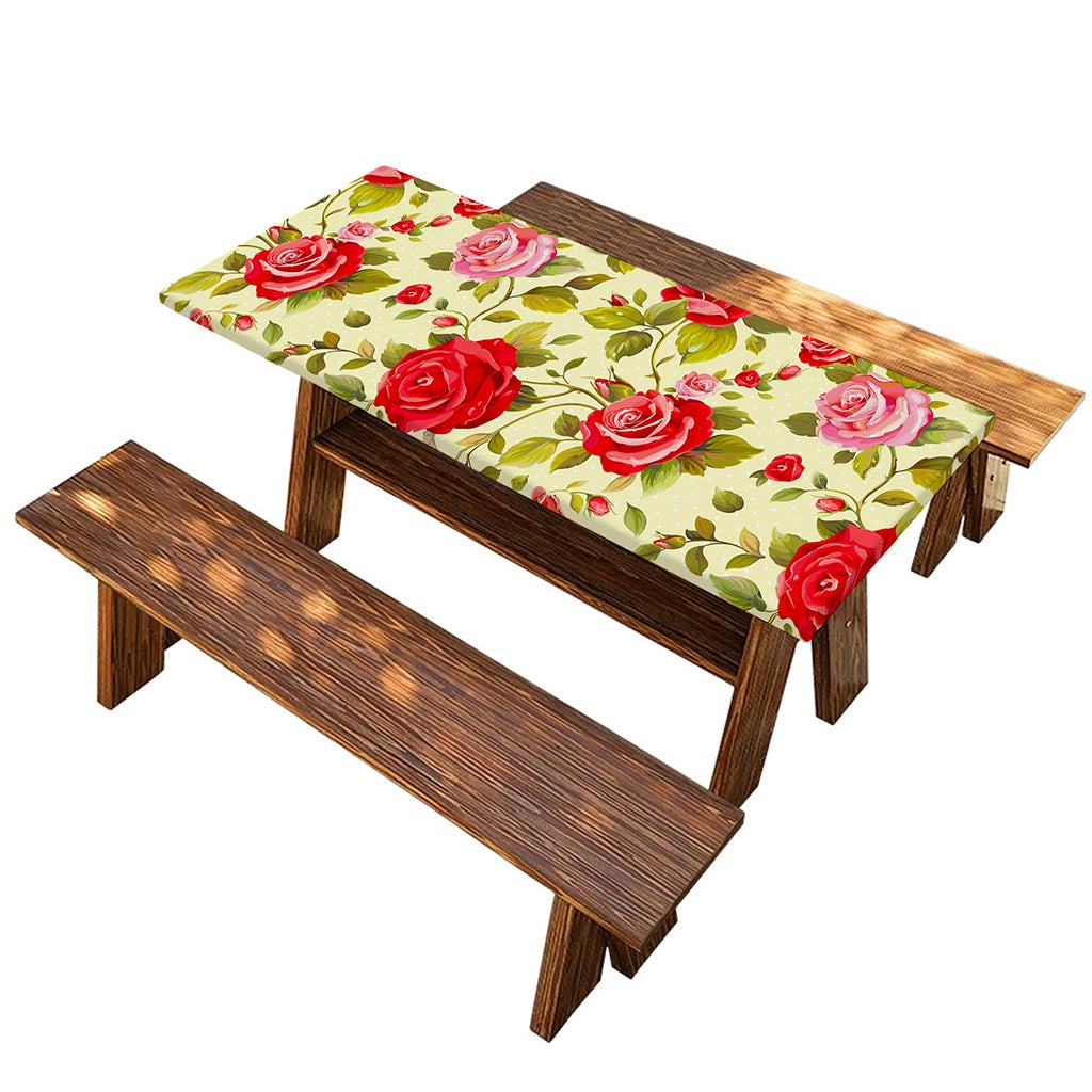 Red Pink Rose Floral Pattern Print Picnic Table Cover