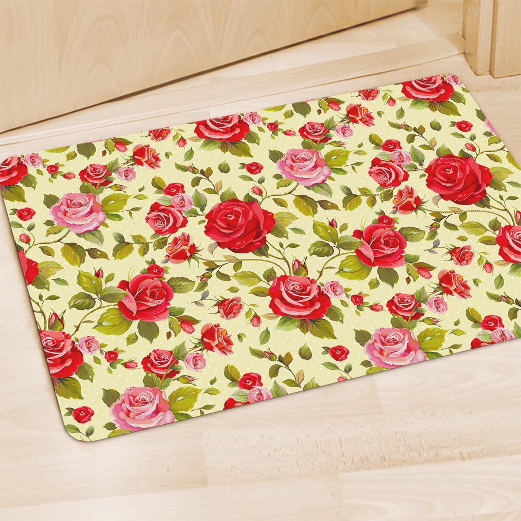 Red Pink Rose Floral Pattern Print Polyester Doormat