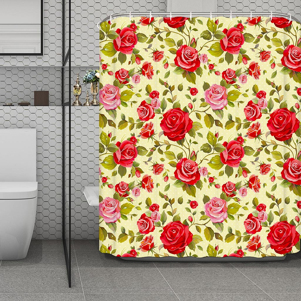 Red Pink Rose Floral Pattern Print Polyester Shower Curtain