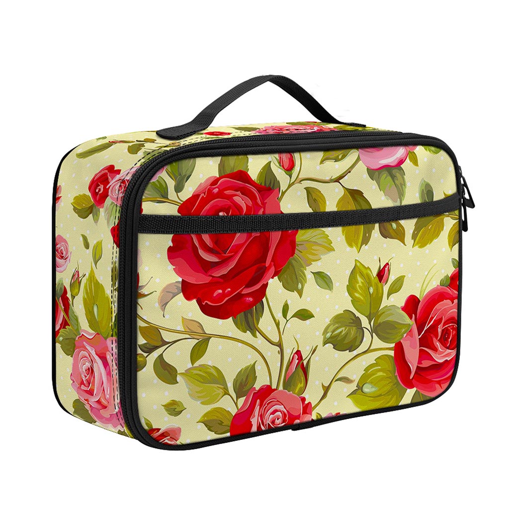 Red Pink Rose Floral Pattern Print Portable Lunch Bag