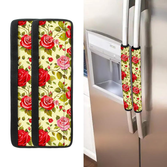 Red Pink Rose Floral Pattern Print Refrigerator Handle Covers