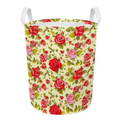 Red Pink Rose Floral Pattern Print Round Laundry Basket