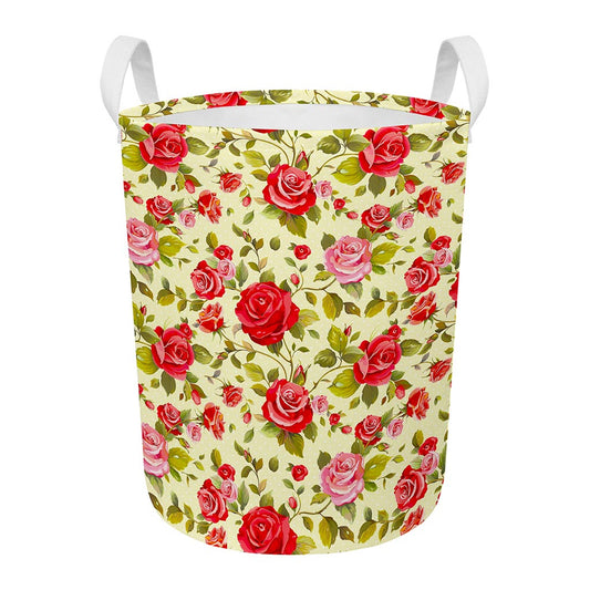 Red Pink Rose Floral Pattern Print Round Laundry Basket