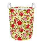 Red Pink Rose Floral Pattern Print Round Laundry Basket