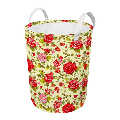 Red Pink Rose Floral Pattern Print Round Laundry Basket
