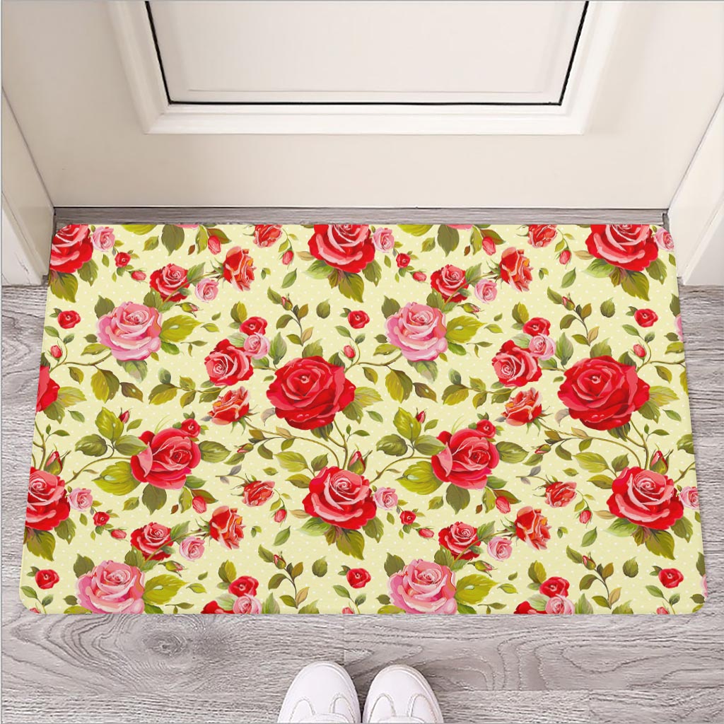 Red Pink Rose Floral Pattern Print Rubber Doormat