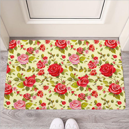 Red Pink Rose Floral Pattern Print Rubber Doormat