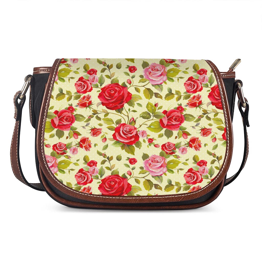Red Pink Rose Floral Pattern Print Saddle Bag