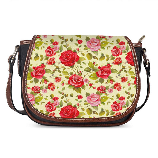 Red Pink Rose Floral Pattern Print Saddle Bag