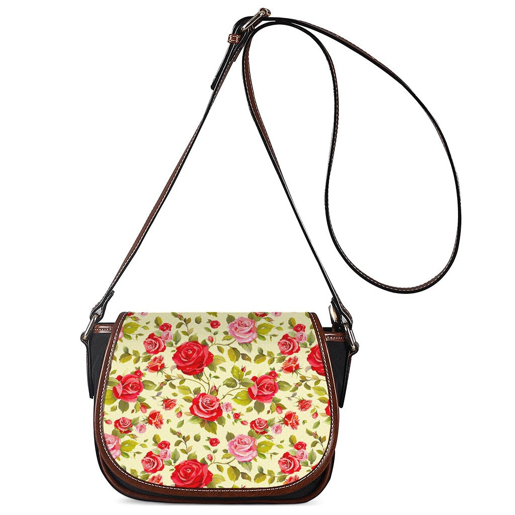 Red Pink Rose Floral Pattern Print Saddle Bag