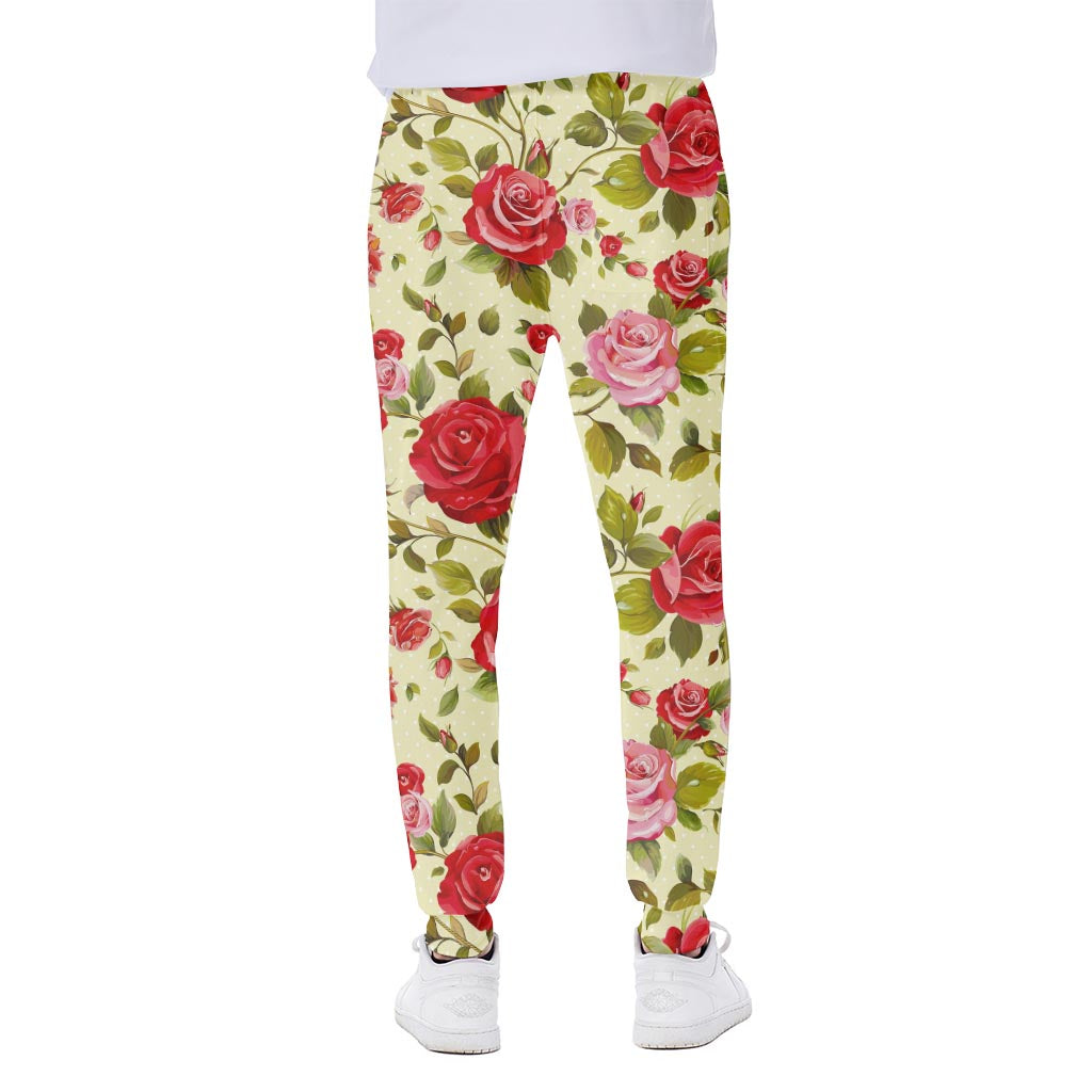 Red Pink Rose Floral Pattern Print Scuba Joggers