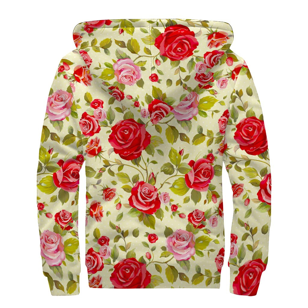 Red Pink Rose Floral Pattern Print Sherpa Lined Zip Up Hoodie