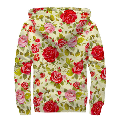 Red Pink Rose Floral Pattern Print Sherpa Lined Zip Up Hoodie