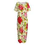 Red Pink Rose Floral Pattern Print Short Sleeve Long Nightdress