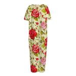 Red Pink Rose Floral Pattern Print Short Sleeve Long Nightdress